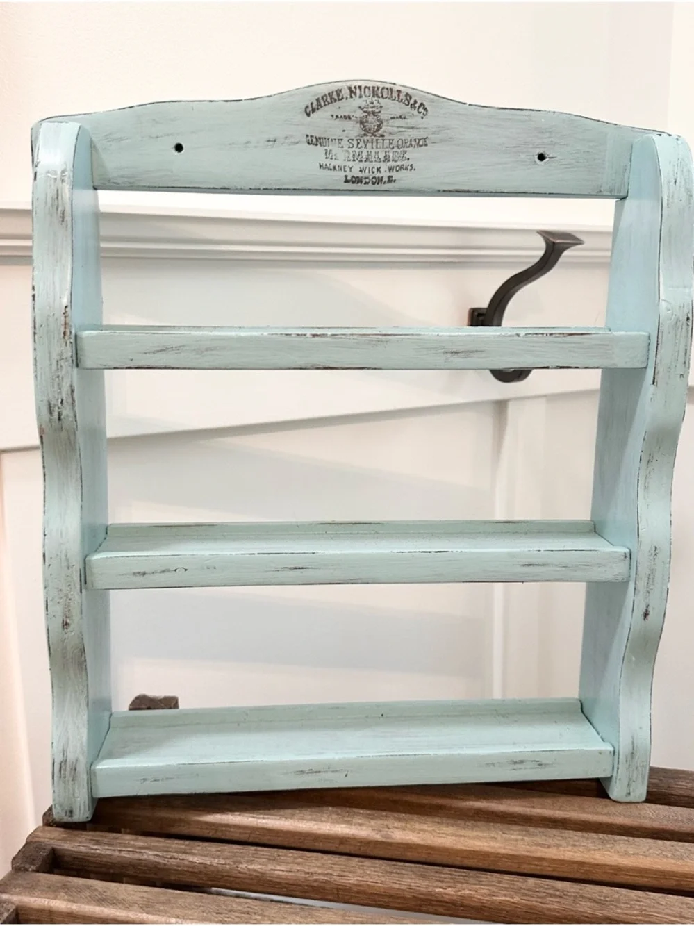 Light Blue Distressed Wooden Wall Shelf for Spices, Oils, Nicknack Collectables